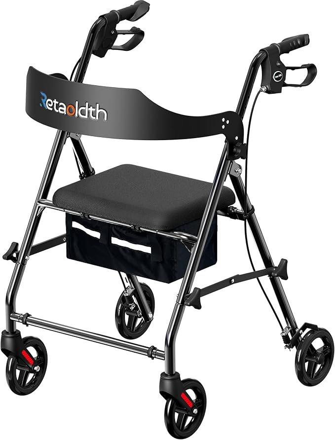 Foldable Rollator Walker with Seat for Seniors, All-Terrain Wheels, 350lb Capacity, Reinforced Inner Metal Rod for Easy Folding & One-Hand Carry, Lightweight Rolling Walker - Black