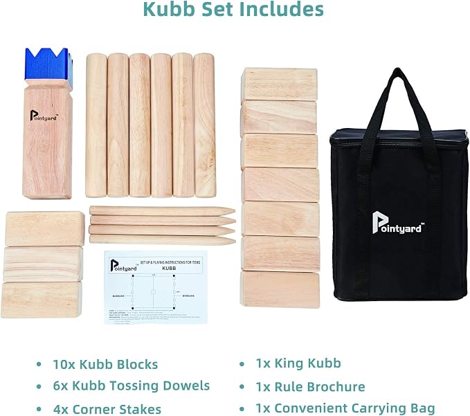 Kubb Yard Game Set Viking Chess Outdoor Hevea Hardwood Toss Game for Adults & Families - with 10 Blocks, 6 Batons, Carrying Bag | Perfect for Backyard Lawn Beach Party BBQ Camping