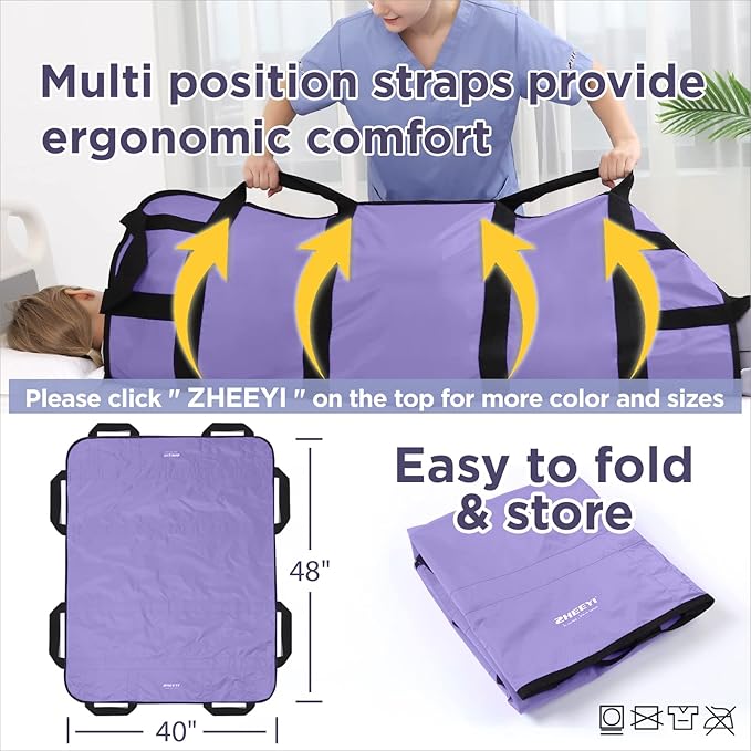 Multipurpose 48" x 40" Positioning Bed Pad with Reinforced Handles - Reusable & Washable Patient Sheet for Turning, Lifting & Repositioning - Double-Sided Nylon Fabric, Purple