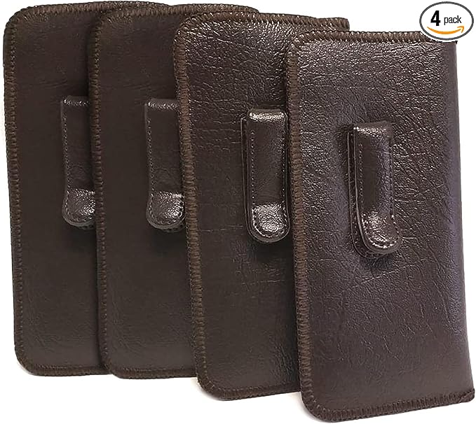 Calabria Soft Slip-In Glasses Case Pocket Metal Clip Brown (4 Pack) for Men/Women Synthetic Leather Felt Lining 6.5"x3"