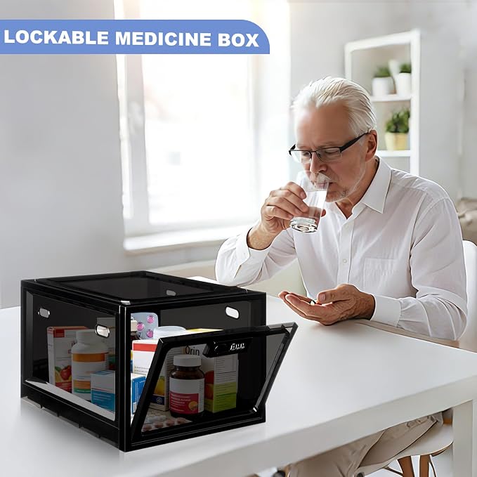 Medicine Lock Box for Safe Medication, Plastic Lockable Storage Box for Food, Snacks, Med, Phone, Large Lockable Organizer for Refrigerator, Office, School, Home Safety