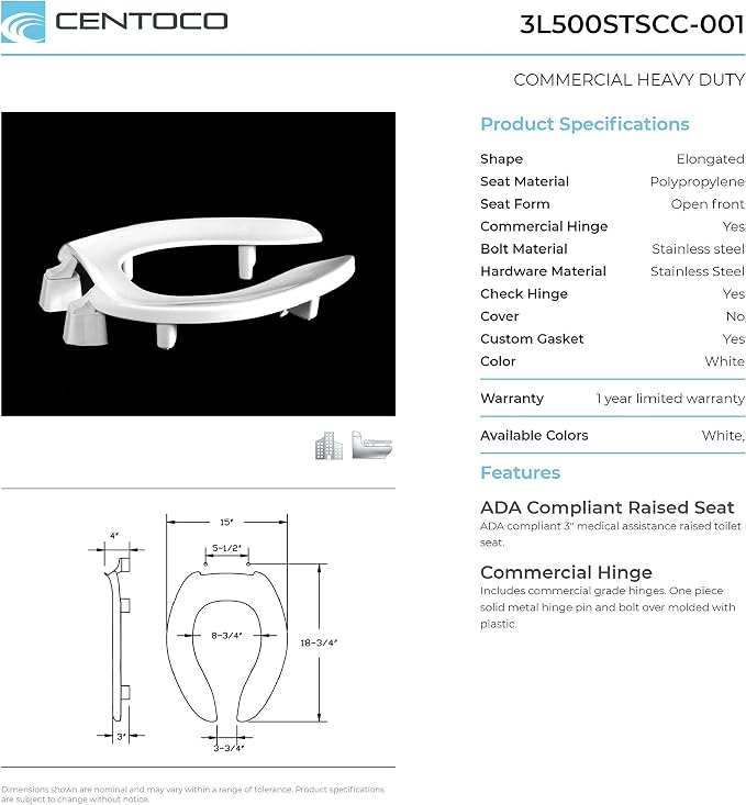 Centoco 3 inch Raised Toilet Seat for Seniors, Elongated, Open Front, White | Plastic, No Cover, 3L500STSCC-001, Made in the USA