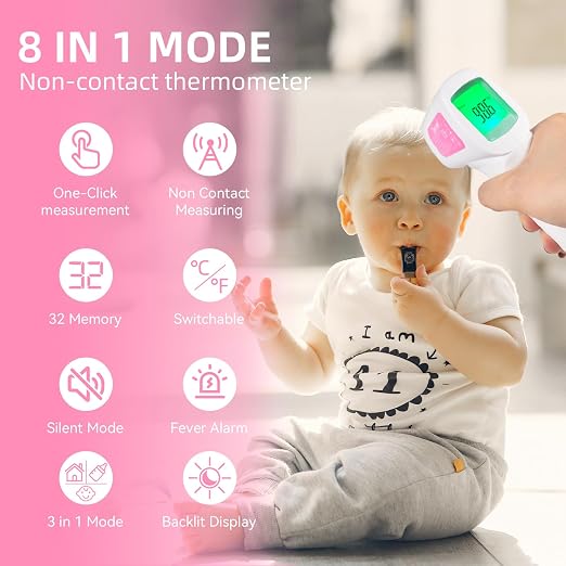 Non-Contact Forehead Thermometer for Baby, Kids & Adults | 3-in-1 thermometer, 1s accurate reading, body/object/room temp, fever alert & silent mode