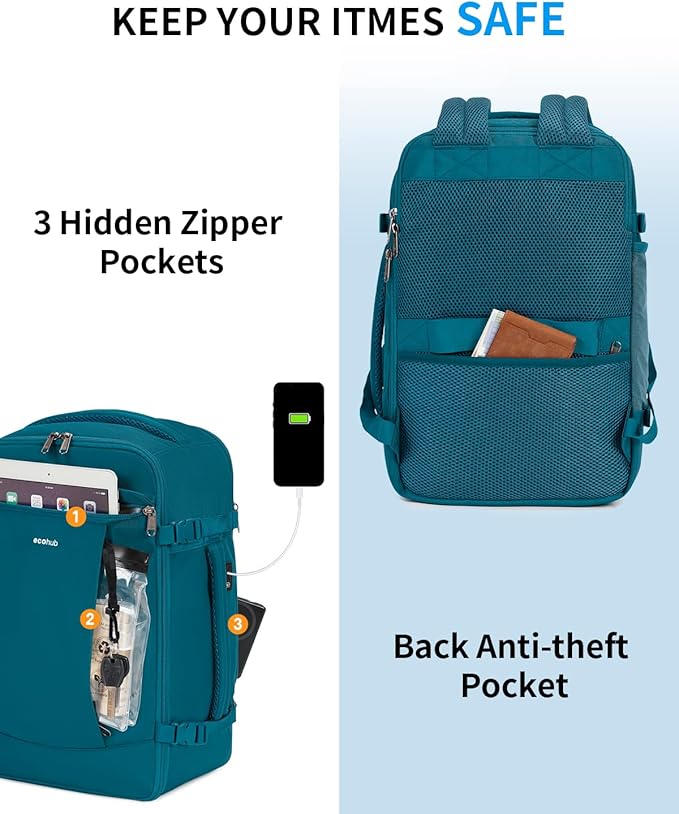 ECOHUB 17'' Small Travel Backpack, United Airlines Personal Item Bag 16.9"x10"x7.5" Carry on Backpack with USB Port Luggage Sleeve Travel Essentials for Men Women Water Resistant, Teal