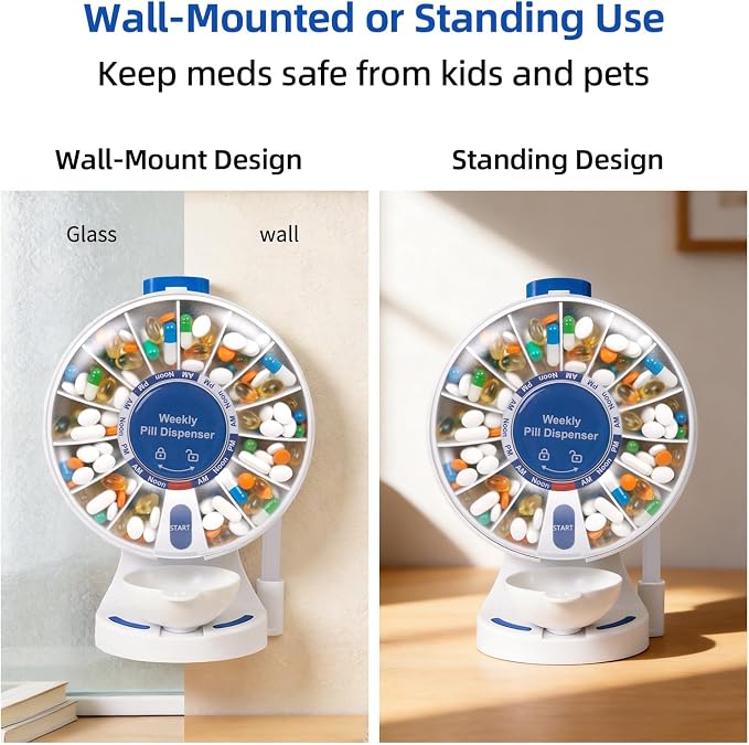 EziMedPil One-Touch Button Pill Organizer with No-Flip Design & Child Lock | Braille Symbol Friendly for Elderly, Standing Use or Wall-Mounted or Glass-Sticking Pill Container for Vitamin & Medicine