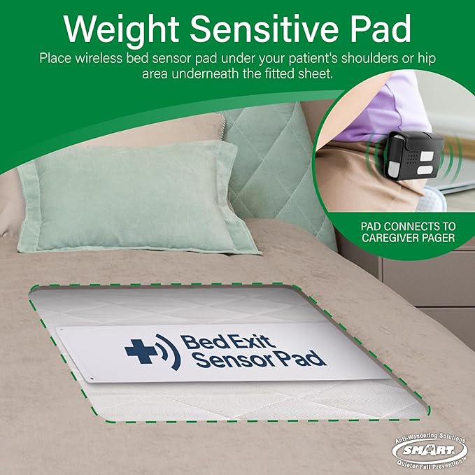 Smart Caregiver Bed Exit Alarm with Wireless Pager - Early Alert Fall Prevention for Seniors and Elderly - Weight Sensing Bed Pad Alerts Caregiver When They Get Up - USA Company and Customer Service