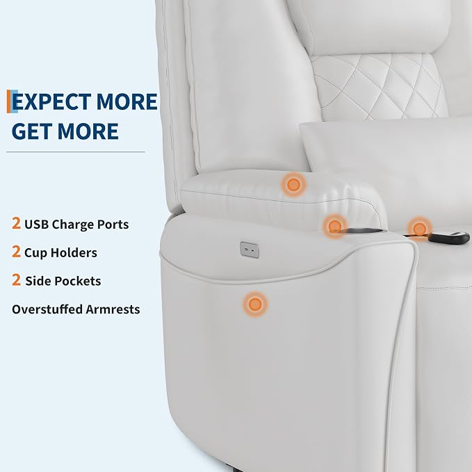 Recliner Chair, Electric Power Lift Chair with Remote, Stand Assist for Elderly, 3 Adjustable Positions, USB Charging Ports, Cup Holders, Side Storage Pockets, Comfortable Sofa for Living Room, White