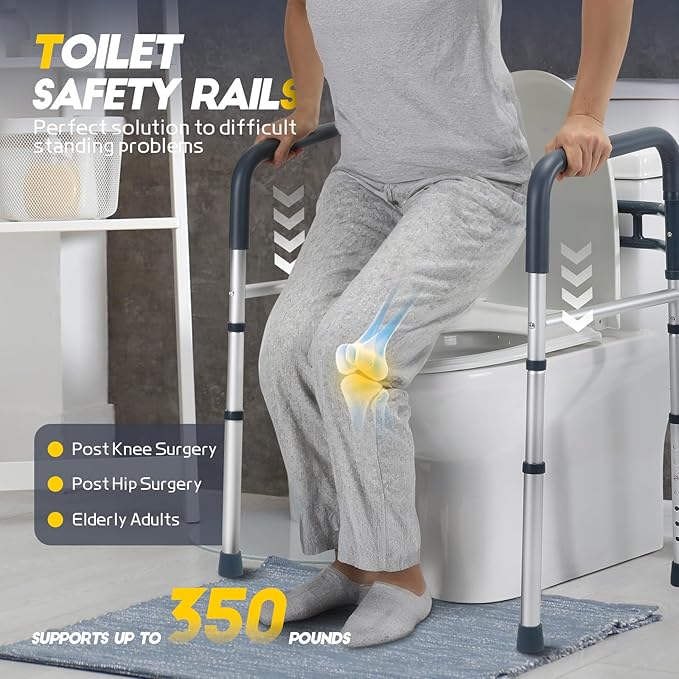 Toilet Safety Rails, Folding & Portable Bathroom Toilet Handles for Elderly, Seniors, Handicap & Disabled, Adjustable Toilet Safety Frame Fit Any Toilets (350 LB)
