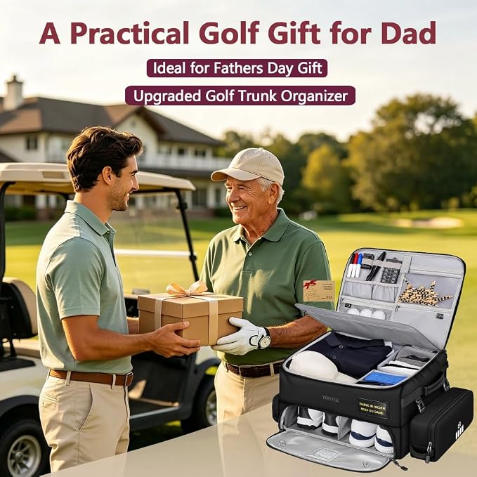 YOREPEK Upgraded Golf Trunk Organizer with Removable Insulated Pouch | Golf Gifts for Men, Golf Organizer with Dust-Proof Protective Layer, Multi-Compartment fit 2 Pairs of Shoes, Golfing Stuff
