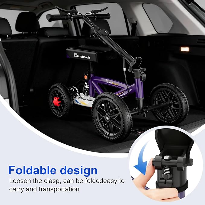 All Terrain Foldable Knee Scooter Walker, Disc Brake Knee Walker for Foot Injuries, Compact Crutches Alternative (Purple)
