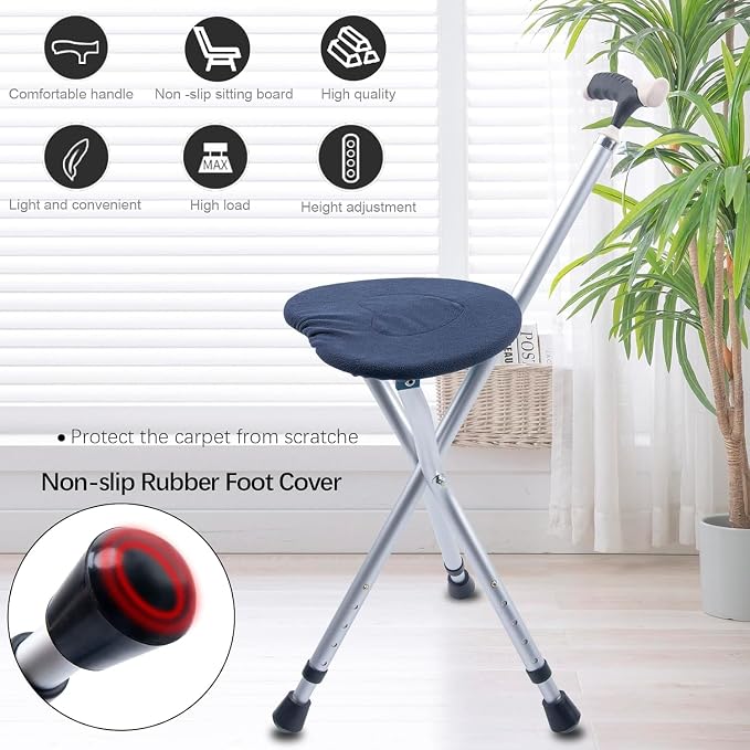 Walking Cane with Seat Cane Chair Foldable Walking Stick with Seat, Adjustable Cane Stool for Seniors Elderly, Lightweight Aluminum, Easy Carry (Blue)