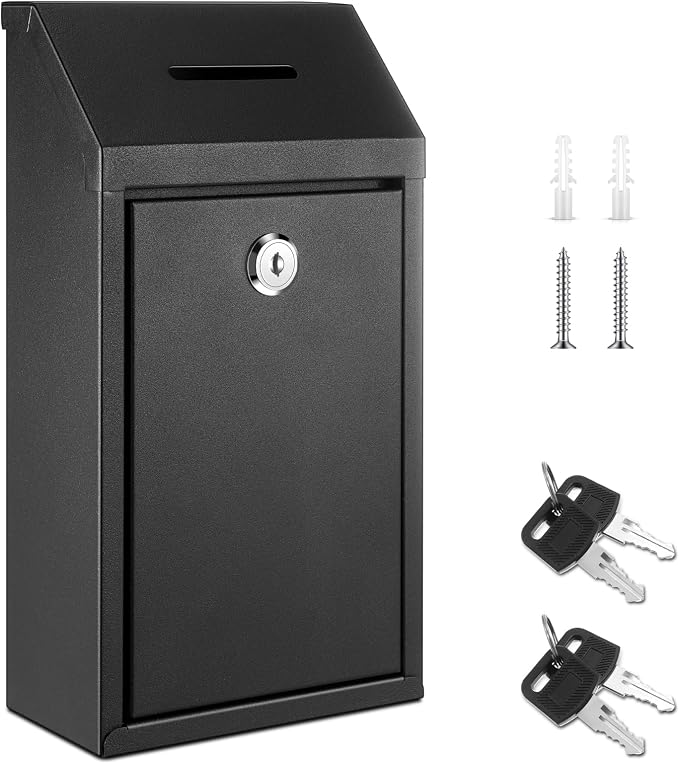 Yaocom Metal Money Box,Black,10.24 x 5.71 x 2.95 Inch,No Lid | Wall Mounted Drop Donation Cash Box for Farm Stand Collection Safe Suggestion Box with Lock Container for Home Office Outdoor