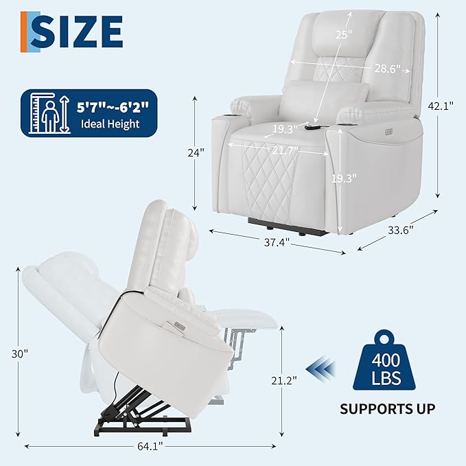 Garvee Power Lift Recliner Chair Sofa, PU Leather Reclining with Charging Ports, Cup Holders, Electric Stand Assist for Elderly, Home Theater Seating with Remote for Living Room, White