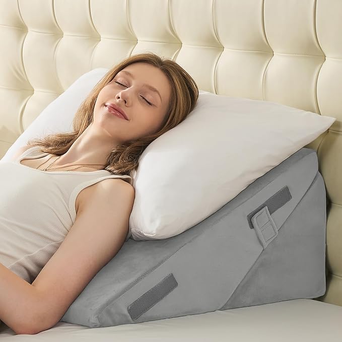 Sasttie Wedge Pillow for After Surgery, Adjustable Bed Wedge Pillow Headboard for Acid Reflux, Sleeping, Neck & Back Support, with Removable Cover, Light Grey & Velvet