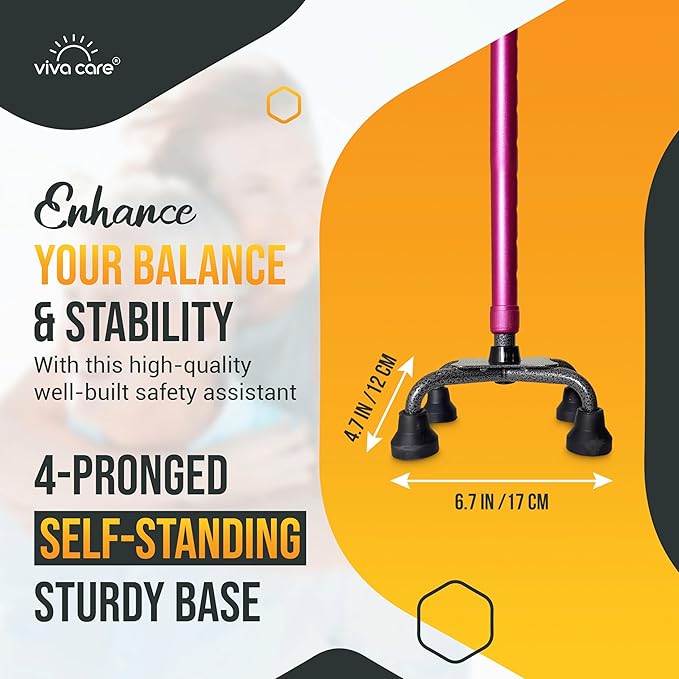 VIVA CARE Walking Cane with 4 Prongs and Extra Side Handle – Adjustable, for Balance & Stability for Adults, Seniors, and Injured.