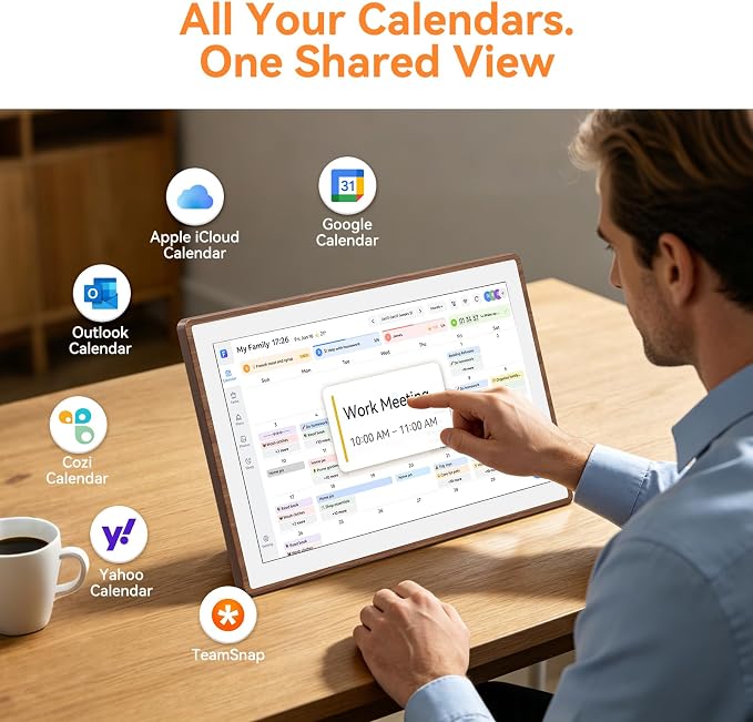 15.6" Smart Digital Calendar - No Subscription Family Hub with Calendar Sync, Meal Planner, Photo & Video Display, Touch Screen, Wall & Desk Mount, Gifts for Women Men (Walnut)