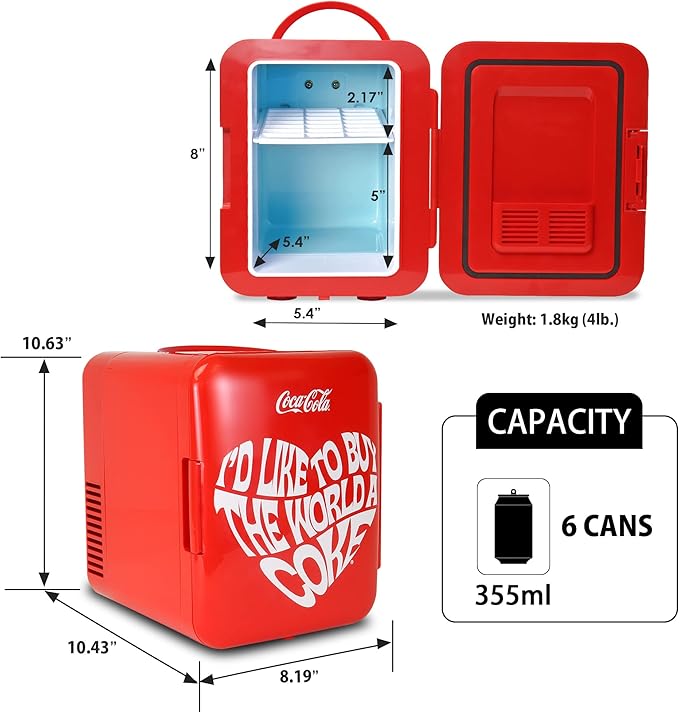Coca Cola World 1971 Series Portable 6 Can Thermoelectric Mini Fridge Cooler/Warmer, 4 L/4.2 Quarts Capacity, 12V DC/240V AC for Home, Dorm, car, Boat, Beverages, Snacks, Skincare, Cosmetics