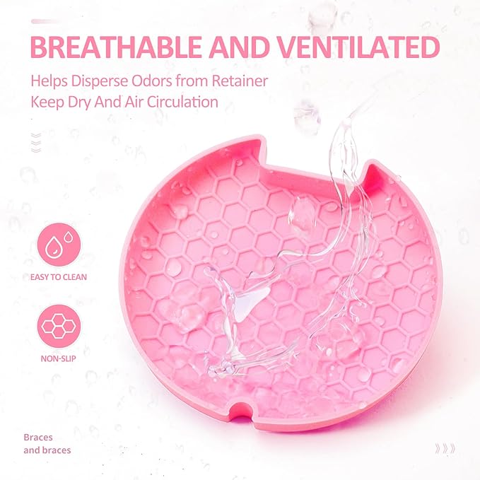 Retainer Case Slim Aligner Case with Vent Holes Removable Inner Tray Silicone for Easy Cleaning, Retainer Removal Tool and Brush (Opaque Pink with Lanyard)