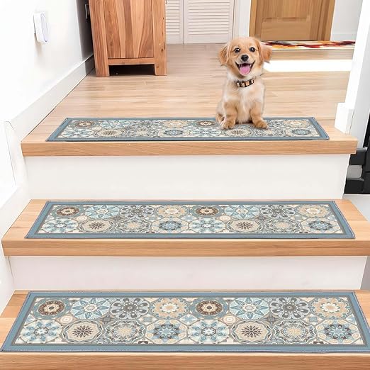 Stair Treads for Wooden Steps, 15 PCS, 30"X8", Blue | Edging Non-slip Stair Runner Indoor, Self-Adhesive Backing, Washable Reusable, Carpet Stair Treads for Kids Elderly Pets