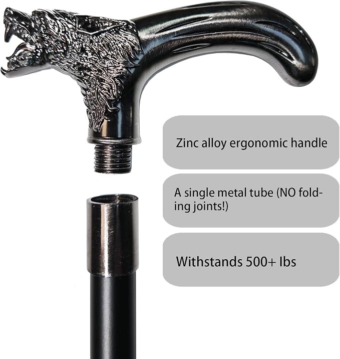 Walking Cane for Men & Women & Seniors - 36.5 Inch Heavy Duty 500+ lbs Capacity, Wolf Ergonomic Handle, Decorative & Ornate Design, Gothic & Goth Elegant Artistry, Metal Cane