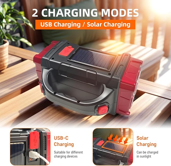 Solar Handheld Flashlight, 4 Lighting Modes Rechargeable LED Work Light, USB-C & Solar Powered Portable Lantern,Emergency Camping Light for Outdoor, Hiking, Power Outage (Silver-2pcs)