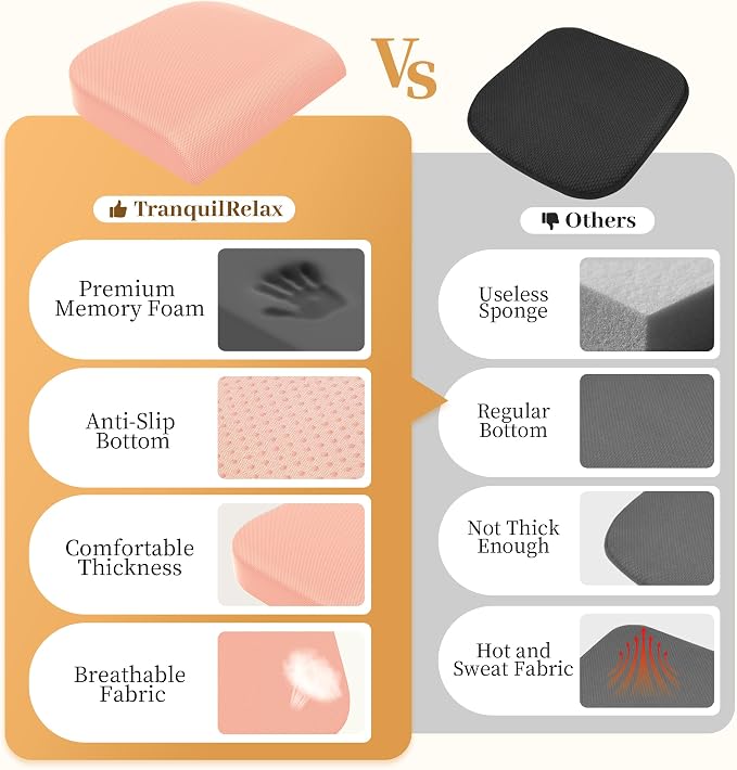 TranquilRelax 2XL Memory Foam Seat Cushion for Office Chair, 3.7-Inch, Pink | Medium-firm Support for Long Sitting, Washable Mesh Cover, Non-slip Base, Perfect for Car Seats & Short Drivers