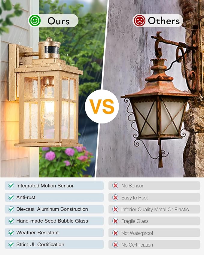 VIANIS 2 Pack Motion Sensor Outdoor Wall Lights, Modern Gold Exterior Garage Lighting Fixtures Wall Mount for House, Anti-Rust Waterproof Dusk to Dawn Front Porch Lights Wall Lantern Sconce for Patio | Anti-Rust Waterproof, Fade-resistant, Modern Gold ...