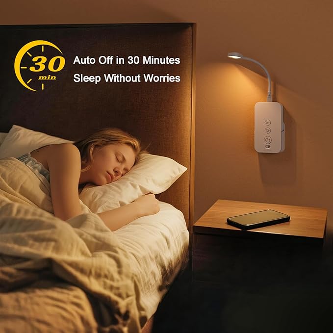 Ellasay Wall Mounted Reading Light: Dimmable LED Book Lights with Timer & Memory - Adjustable Gooseneck USB Powered - Easy Install for Kids Bedroom/Dorm Room/RV 1 Pack (White)