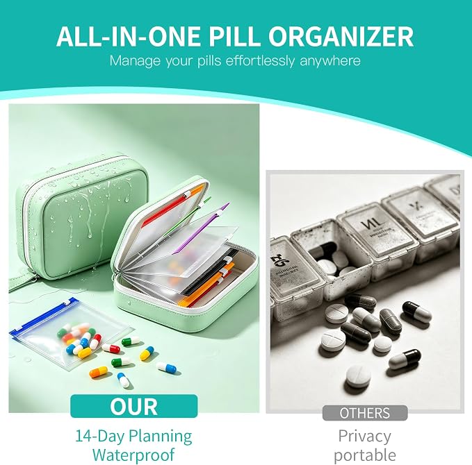 14 Day Travel Pill Kit Personal Medicine Organizer Case Set A8 Waterproof Pill Pouch for Travel Small Portable Storage Binder Style with Bags Cute Medication Purse Zipper Pocket (Blue-14 Pouches)