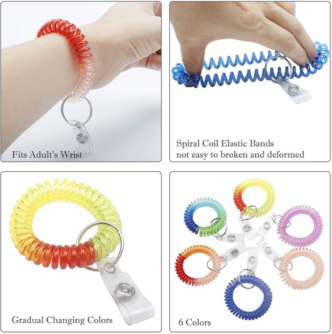 BIHRTC Pack of 6 pcs Colorful Rainbow Gradual Change Colors Flexible Spiral | Coil Wristband for Work and Play Premium Elastic Bungee Badge Holder and Key Chain Ring by Specialist ID