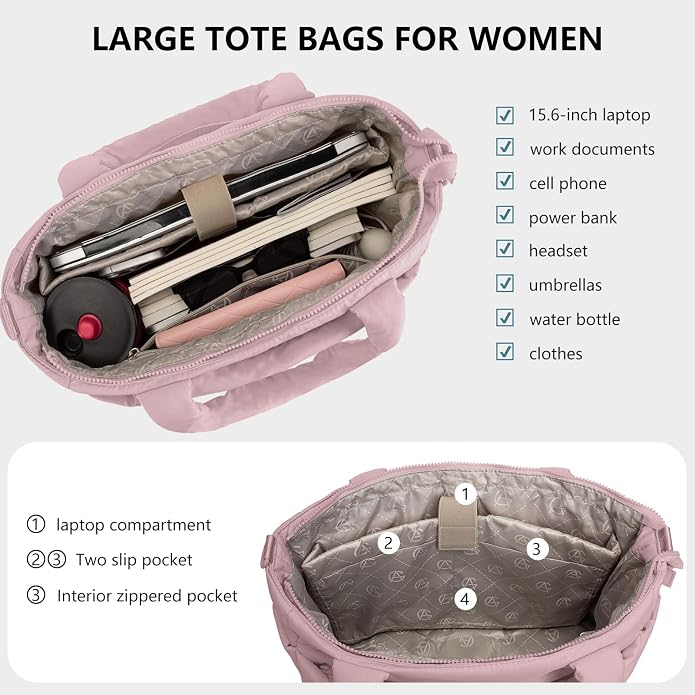 Puffer Tote Bag for Women Quilted Nurse Bag Lightweight Work Bag for Teacher Travel Handbag with Multiple Pockets