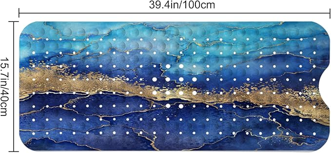 LNOND Marble Bath Tub Mat Non Slip, Extra Long 40 X 16 Inch Anti Slip Mat for Bathtub, Blue Gold Marble Shower Mat with Drain Holes and Suction Cups, Machine Washable