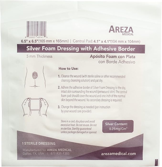 Areza Medical - Silver Foam Wound Dressing Pad - Sterile - 6.5" X 6.5" (16.5 cm X 16.5 cm) - Adhesive Border - 5 PCS per Box