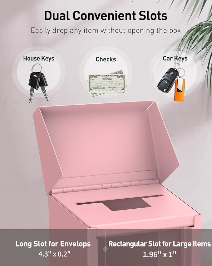 Uniclife Cash Box with Combination Lock, Wall Mounted Mailbox for Outside | Pink Code Lock Box, Metal Donation Box with Top Slot, Suggestion Box for Office and Business