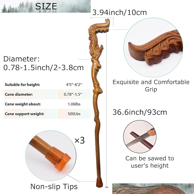Wooden Walking Canes for Men and Women, Natural Rosewood Walking Sticks for Senior Support, Up to 500 Lbs Walking Stick, Heavy-Duty Walking Cane for Men, Suitable for Gift