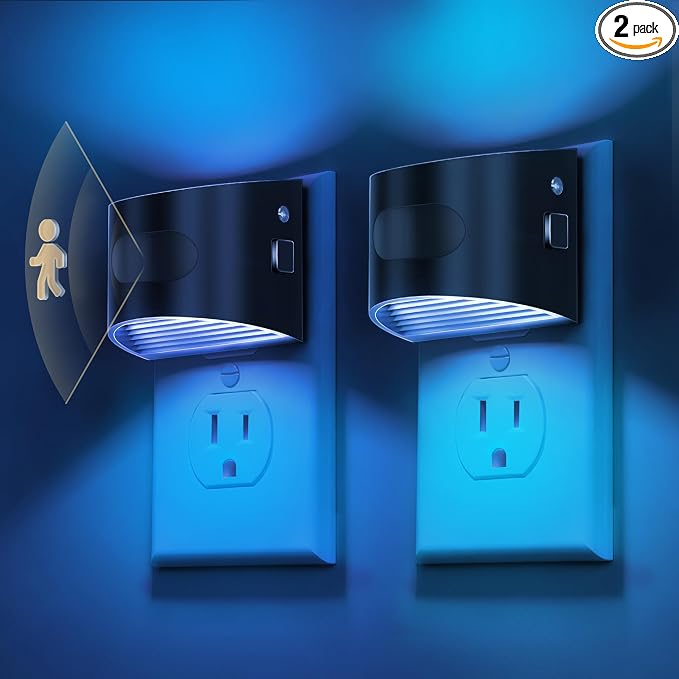 L LOHAS LED Motion Sensor Night Light, Night Lights Plug into Wall, 2 Pack | Nightlight with Dusk to Dawn & Motion Detection Sensor, 30-100Lm Adjustable Brightness, Blue Light, Black Housing
