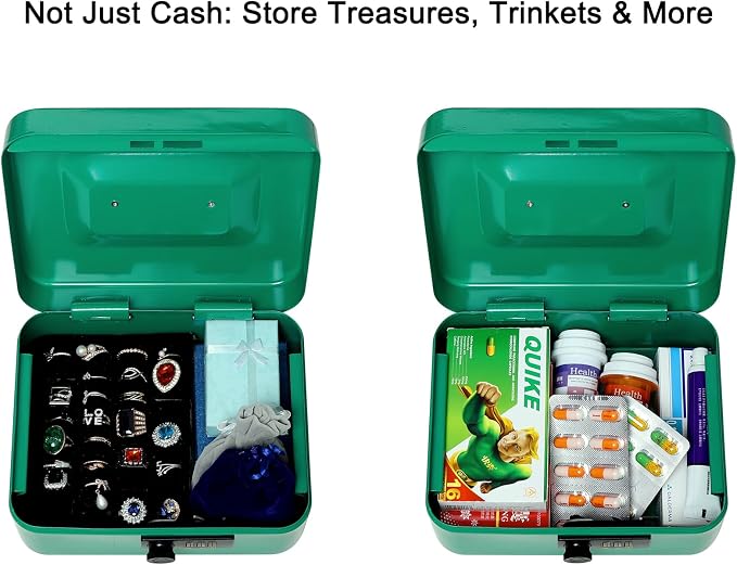 Jssmst Medium Cash Box with Combination Lock - Durable Metal Cash Box with Money Tray Green,7.87 x 6.3 x 3.35 inches