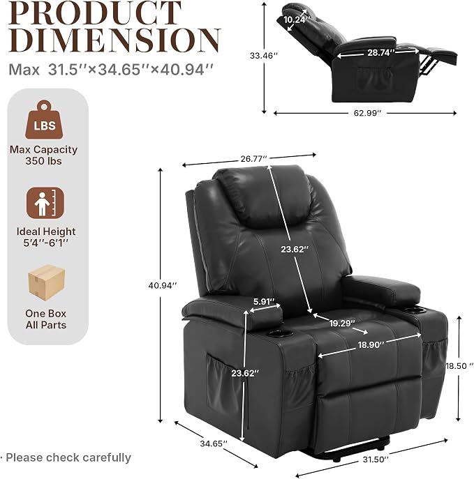 Power Lift Recliner Chair for Elderly, Electric Lift Chair with Massage & Heat, PU Leather Reclining Sofa with Cup Holders, Side Pockets for Living Room Bedroom