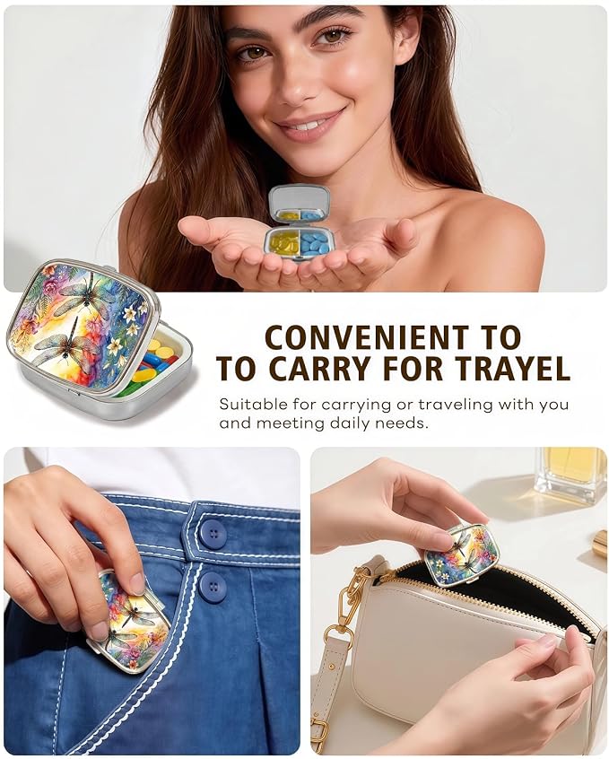 LRITER Pill Case, 2 Compartment Portable Small Travel Pill Organizer for Purse and Pocket, Stylish Medicine Case with Multiple Patterns, Daily Pillbox for Home & Travel (Two Dragonflies)