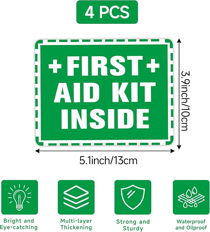 4PCS First Aid Sign Sticker, Self-Adhesive Waterproof First Aid Decals for First Aid Boxes, Emergency First Aid Kit Inside for Home, Car, Office, School, Factoryor Business 5.1''x3.9''