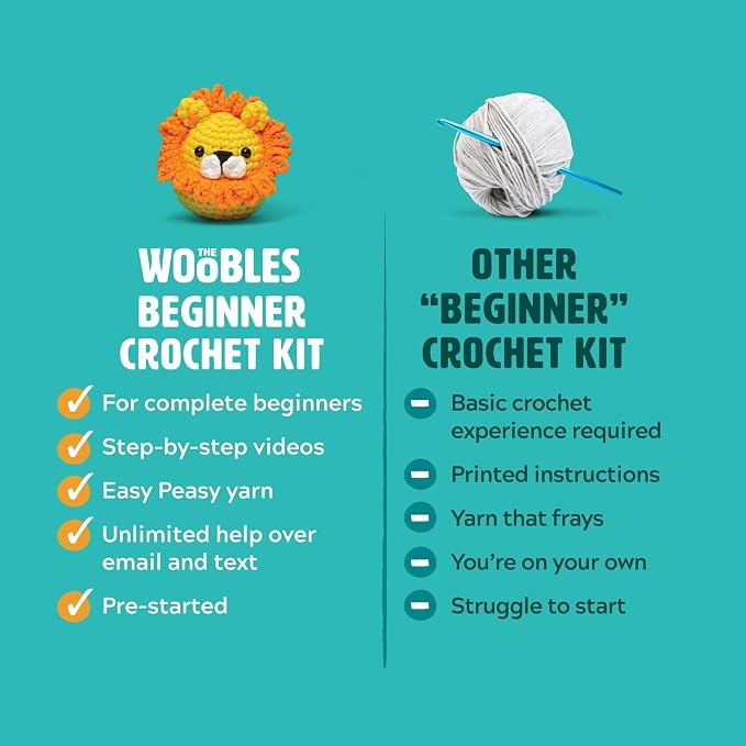 The Woobles Amigurumi Crochet Kit for Beginners (Fred the Dinosaur) | As seen on Shark Tank, Kit includes: Easy Peasy Yarn, pre-started piece, hook, safety eyes, stuffing, video tutorials