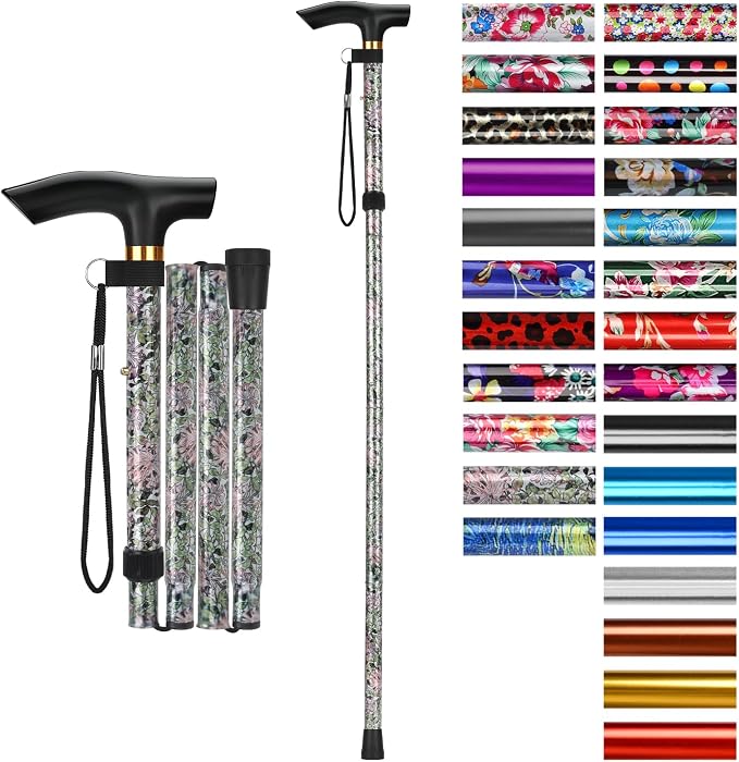 supregear Folding Cane, 5-Level Adjustable Height Walking Stick Lightweight Collapsible Portable Travel Cane with Wrist Strap and T Handle for Elderly Disabled Men Women
