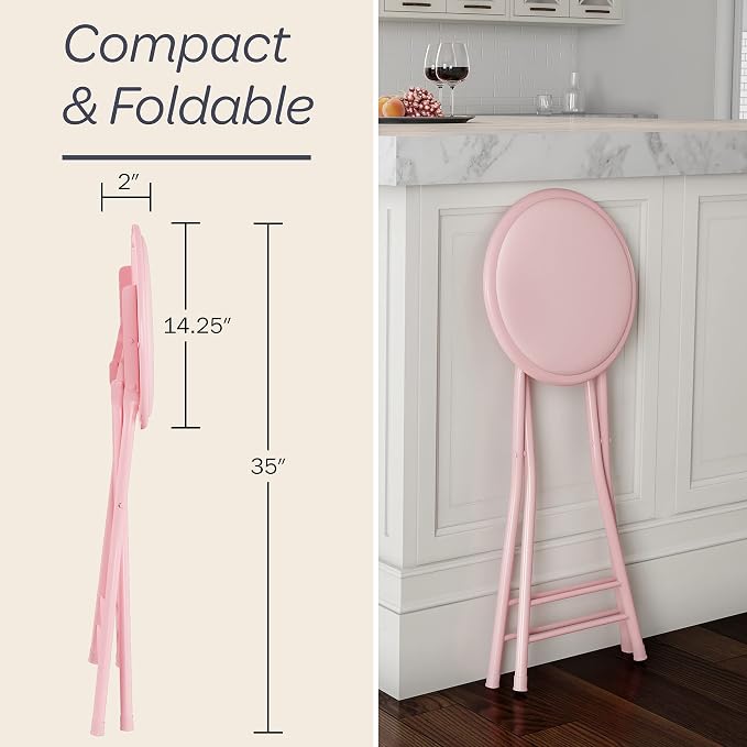 Lavish Home Folding Stool with Padded Backless Seat, Pink, 24 Inch | Counter Height Bar Stools with 225lb Capacity, Portable Indoor & Outdoor, Extra Seat for Kitchen, Rec Room or Camping
