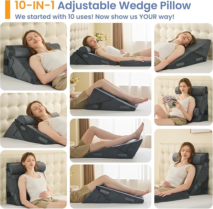 Sasttie Wedge Pillow Set for After Surgery, 3PCS Adjustable Bed Wedge Pillow Headboard with Memory Foam Neck Cushion – for Acid Reflux, Sleeping, Neck & Back Support, Velvet & Dark Grey