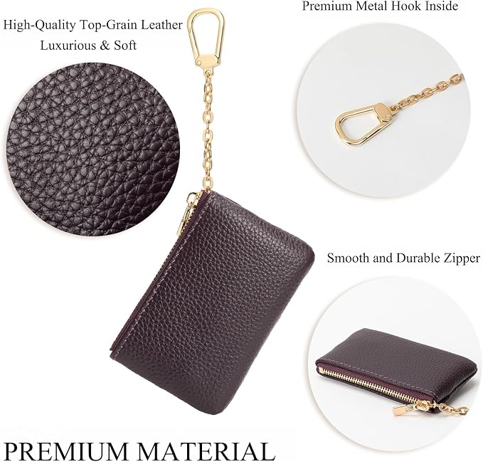Full Grain Leather Coin Purse with Key Chain - Small Change Purse Keychain Card Holder Keychain Pouch Small Keychain Wallet for Women and Men (Eggplant Purple)