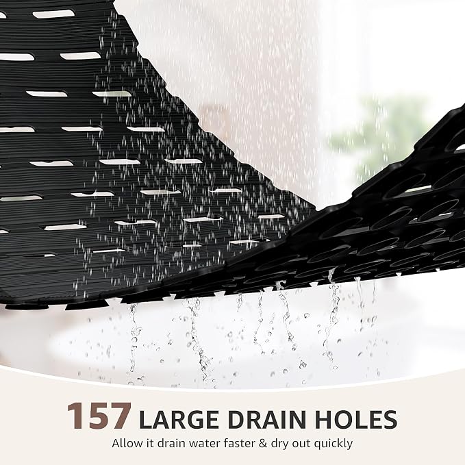 OTHWAY Non Slip Bathtub Mat, Soft TPE Black Shower Mat with Suction Cups | 36.6" x 16.9" Bath Mat for Tub Non Slip, Machine Washable Shower Floor Mat with Drain Holes