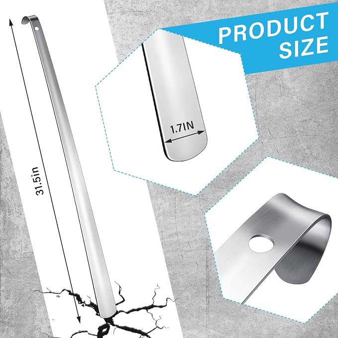 Geelin 1 Pcs 31.5'' Extra Long Handled Shoe Horn Metal Shoehorn for Men Women Multifunctional Stainless Dressing Stick for Elderly Disabled Limited Mobility, Standing Reach Assist for Senior (Silver)