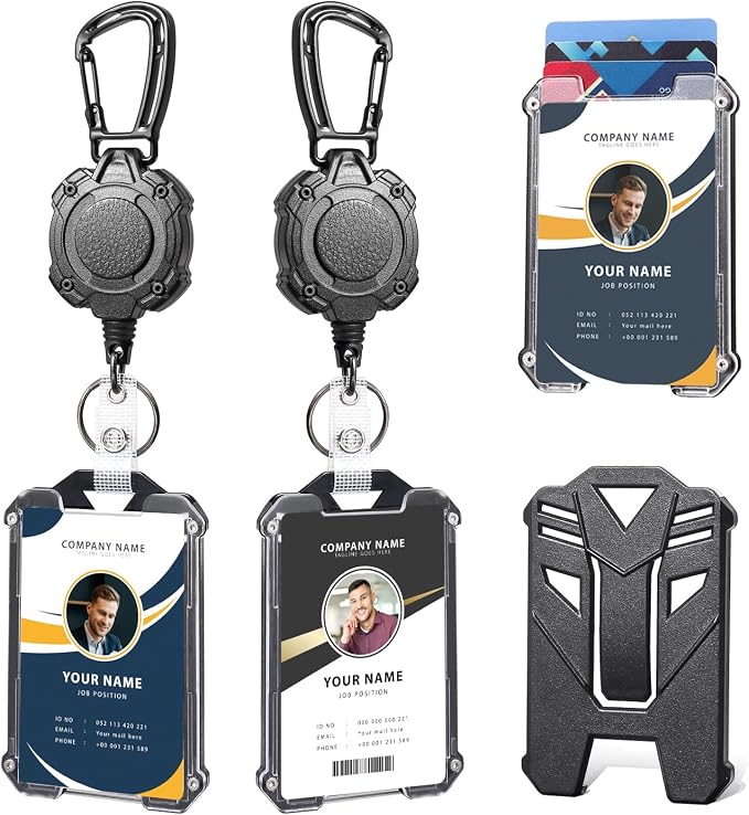 Badge Holder Retractable Clip Heavy Duty Carabiner Badge Reel Keychain with Id Cards Holder Cool Tactical ID Holder (2 Holders and 2 Badge Reels Black # 04)