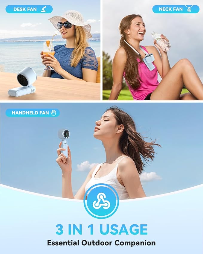 PlayHot Portable Handheld Turbo Fan, Travel Essentials, Gifts for Women/Men | 5-Speed, Up to 12H, 10m/s Airflow, USB-C Rechargeable, LED Display, 3-in-1 Foldable Personal Fan for Cruise, Beach, Vacation