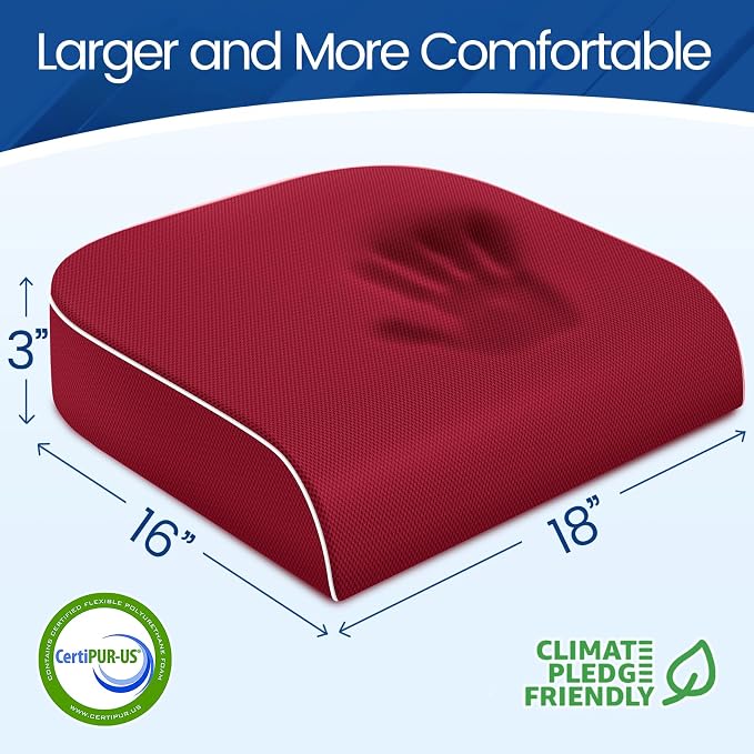 SweetSlubr Seat Cushion for Tailbone Pain Relief, Office Chair Cushion, Memory Foam Large Chair Pad with Non-Slip Cover for Soft Support at Office Chair, Car Seat, Airplane Red/Large